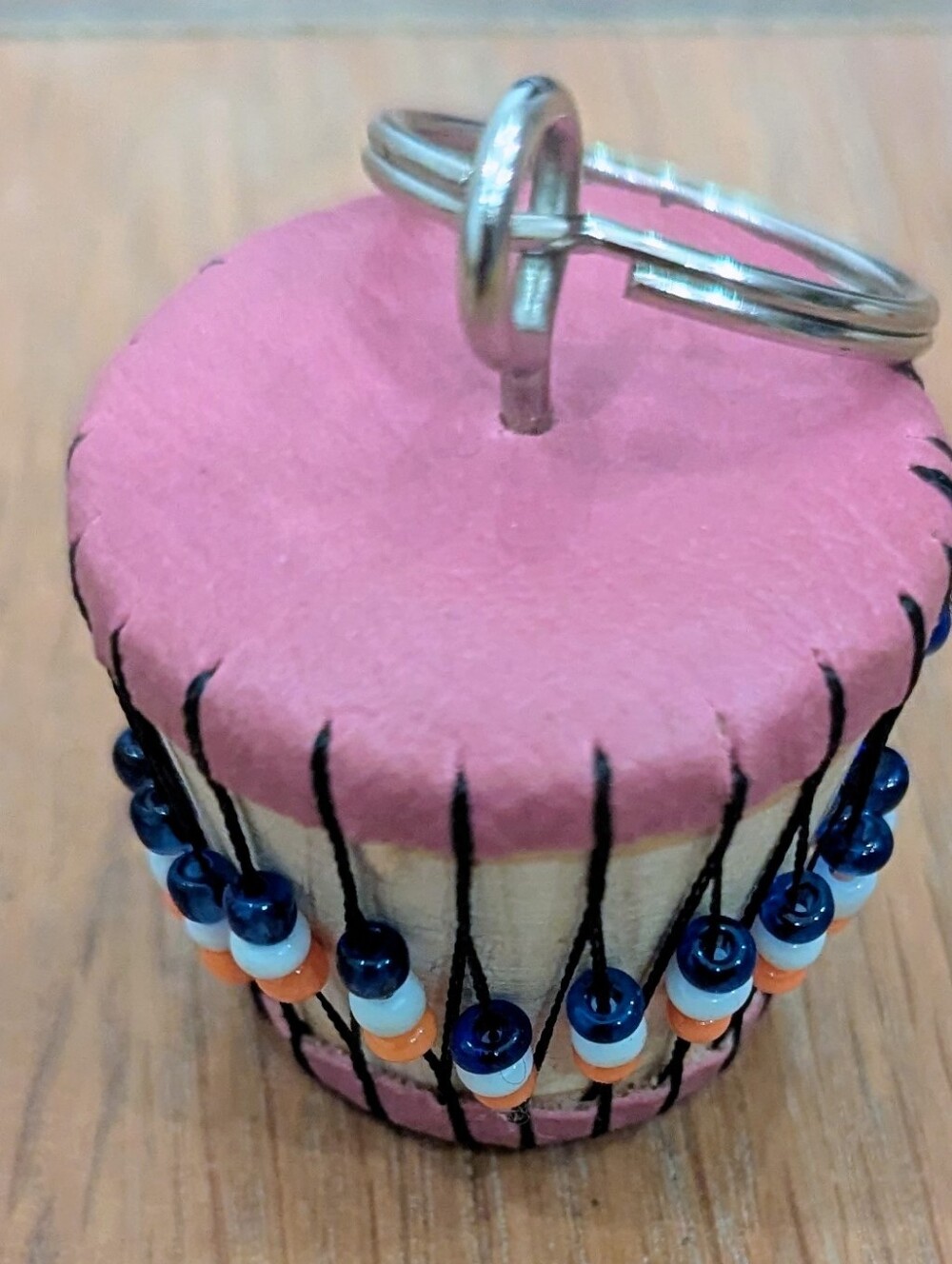 Pink Mini Leather Drum Keychain with Beaded Detail